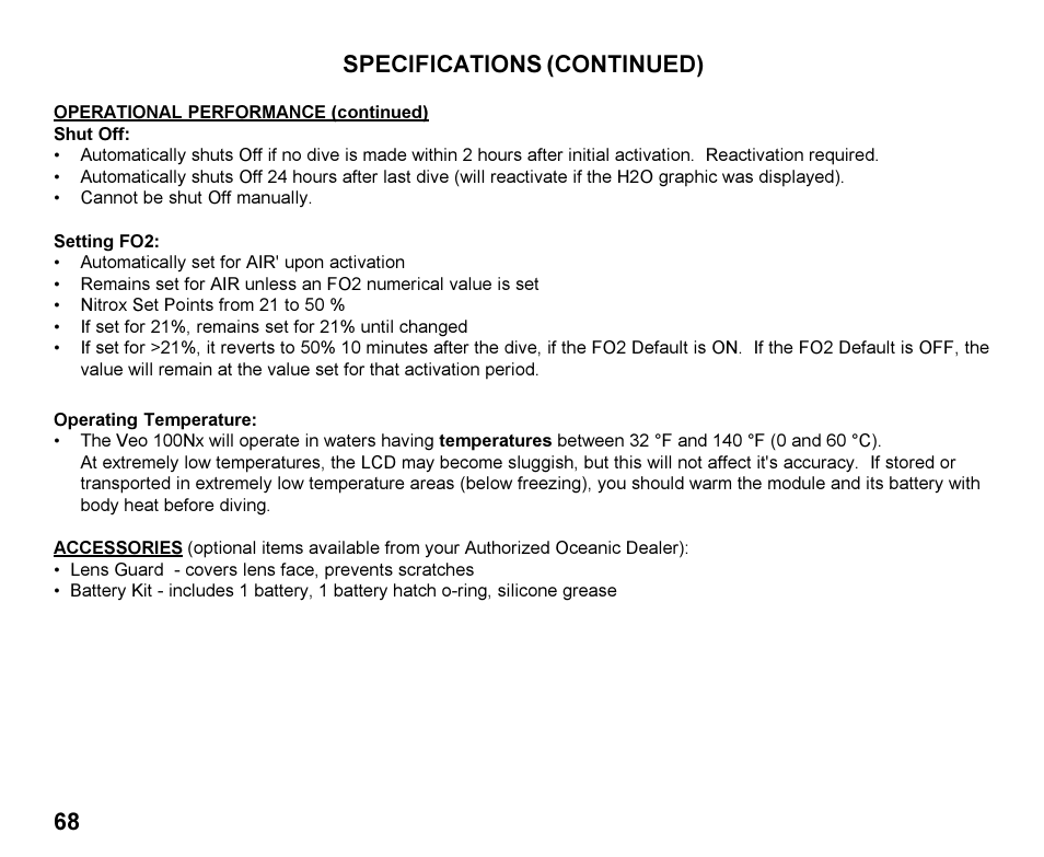 Specifications (continued) | Oceanic Personal Dive Computer Veo 100Nx User Manual | Page 68 / 72