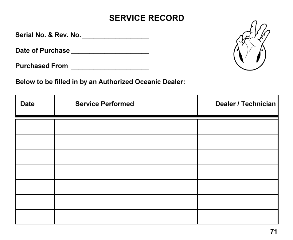 Service record, Date service performed dealer / technician | Oceanic Personal Dive Computer Veo 100Nx User Manual | Page 71 / 72