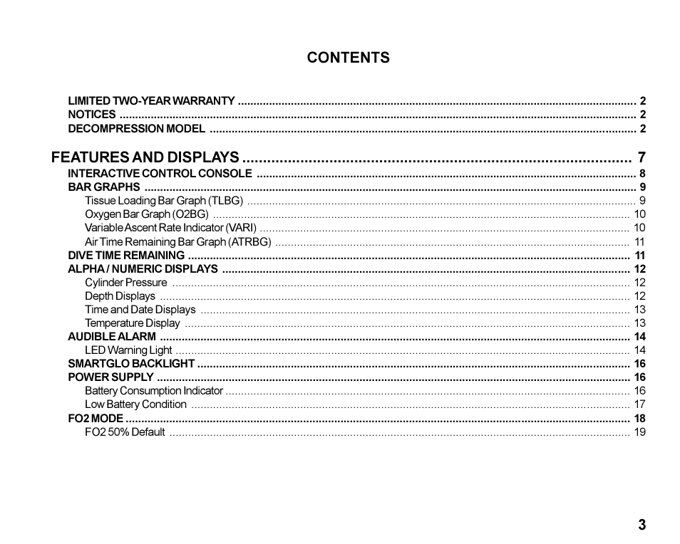 3contents, Features and displays | Oceanic Dive Computer Pro Plus 2 User Manual | Page 3 / 100