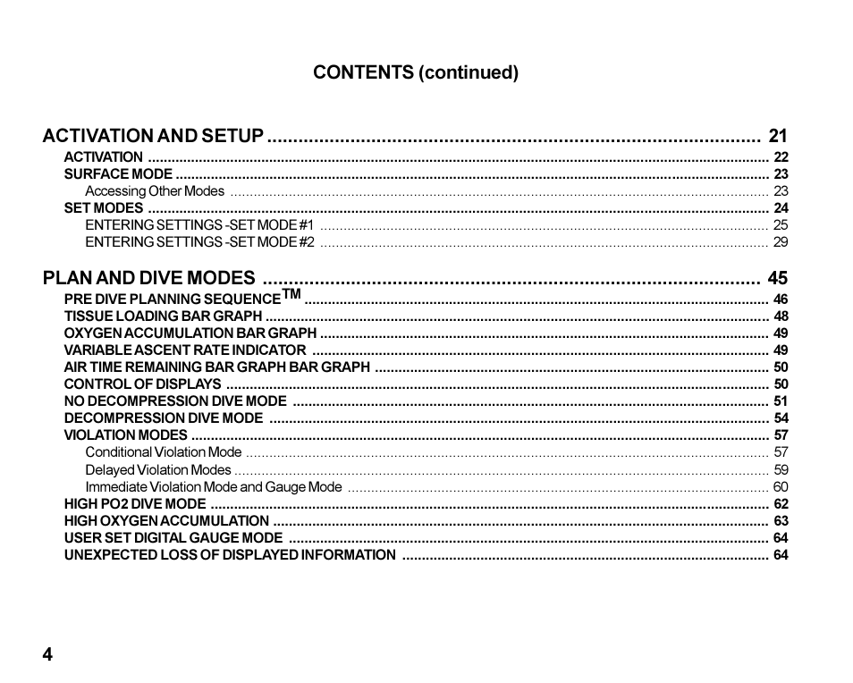 4contents (continued) activation and setup, Plan and dive modes | Oceanic Dive Computer Pro Plus 2 User Manual | Page 4 / 100