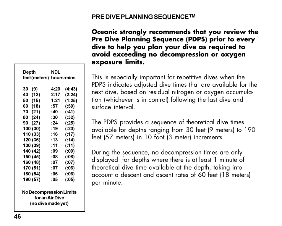 46 pre dive planning sequence | Oceanic Dive Computer Pro Plus 2 User Manual | Page 46 / 100