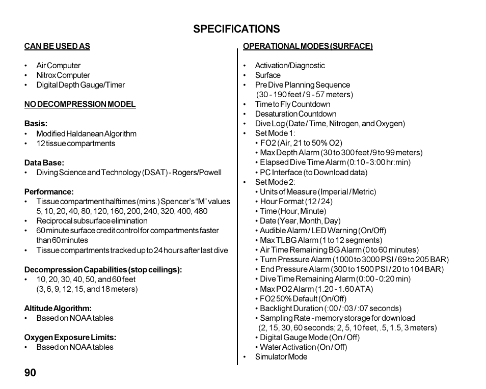 Specifications | Oceanic Dive Computer Pro Plus 2 User Manual | Page 90 / 100