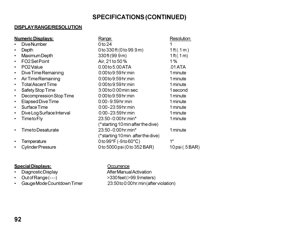 Specifications (continued) | Oceanic Dive Computer Pro Plus 2 User Manual | Page 92 / 100