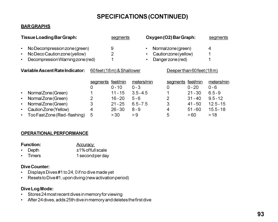 93 specifications (continued) | Oceanic Dive Computer Pro Plus 2 User Manual | Page 93 / 100
