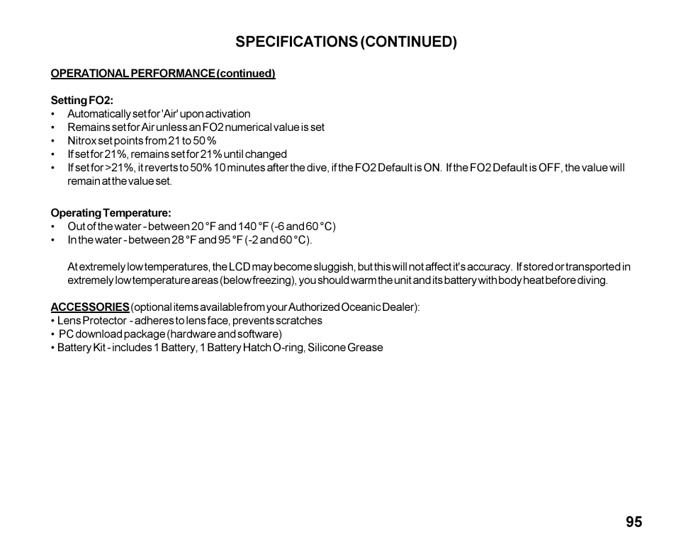 Specifications (continued) | Oceanic Dive Computer Pro Plus 2 User Manual | Page 95 / 100