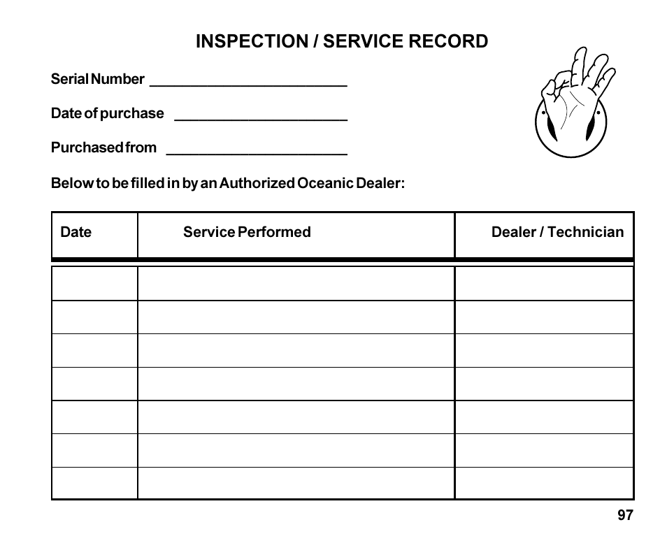 Inspection / service record, Date service performed dealer / technician | Oceanic Dive Computer Pro Plus 2 User Manual | Page 97 / 100