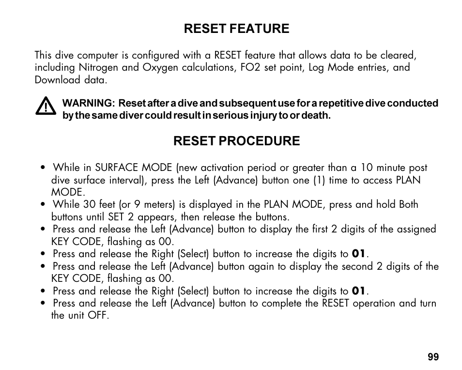 Reset feature, Reset procedure | Oceanic Dive Computer Pro Plus 2 User Manual | Page 99 / 100