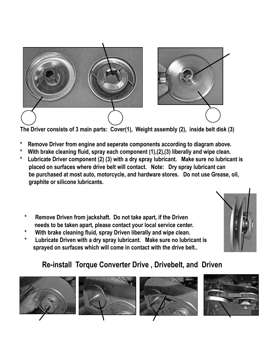 Torque converter “driver” cleaning and lubrication, Torque converter “driven” cleaning and lubrication, Driver | Olympia/Luggage America 65 User Manual | Page 30 / 44