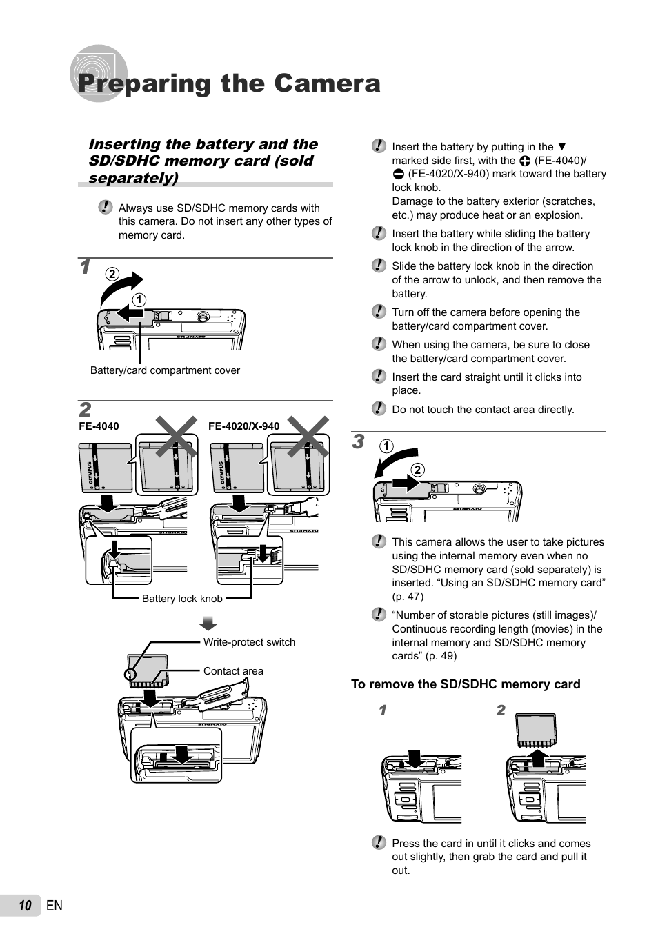 Preparing the camera, 10 en | Olympus X-940 User Manual | Page 10 / 61