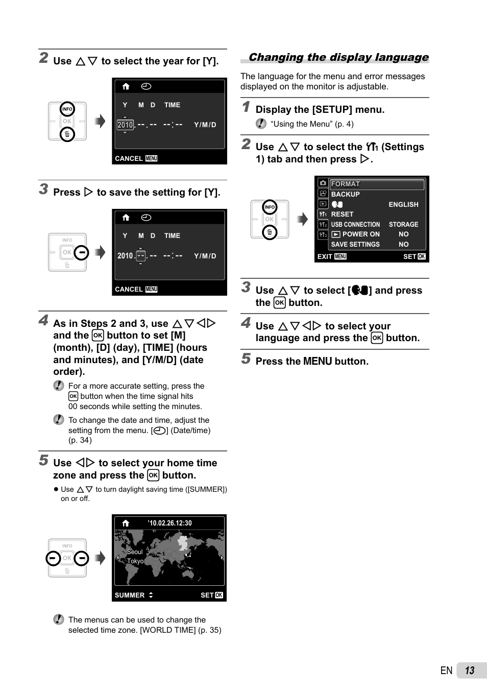 13 en, Changing the display language | Olympus X-940 User Manual | Page 13 / 61