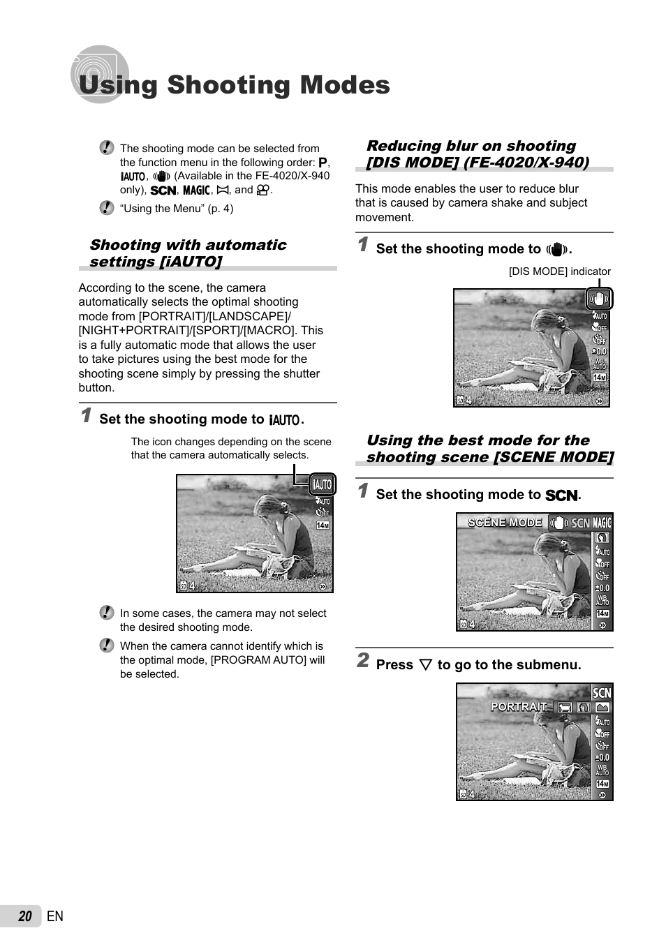 Using shooting modes, 20 en, Shooting with automatic settings [iauto | Set the shooting mode to n, Set the shooting mode to s, Press g to go to the submenu, Set the shooting mode to m | Olympus X-940 User Manual | Page 20 / 61