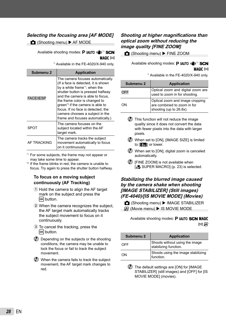 28 en, Selecting the focusing area [af mode] z | Olympus X-940 User Manual | Page 28 / 61