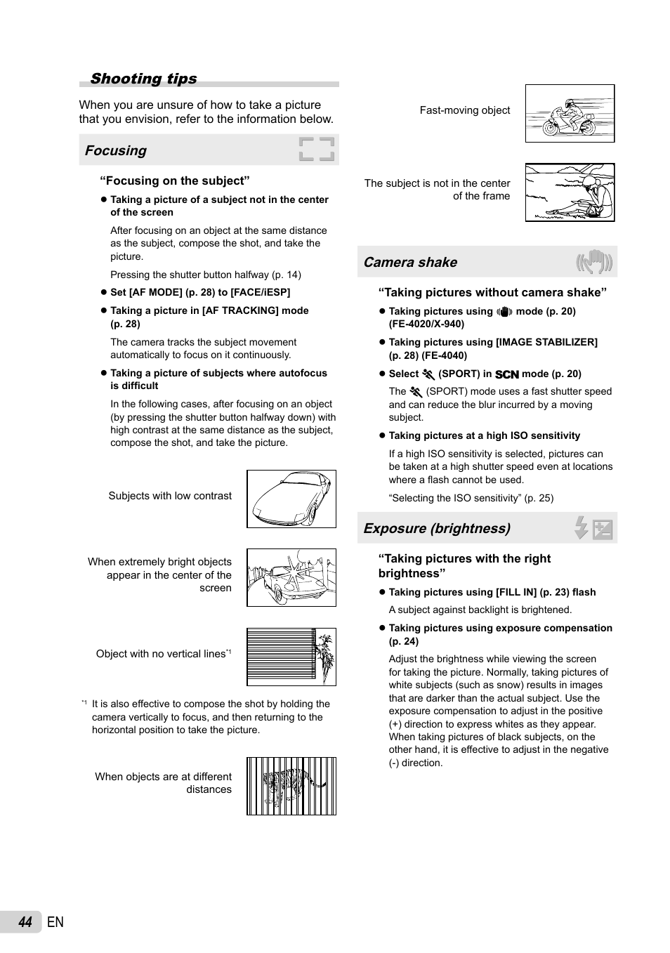 44 en shooting tips, Focusing, Camera shake | Exposure (brightness) | Olympus X-940 User Manual | Page 44 / 61