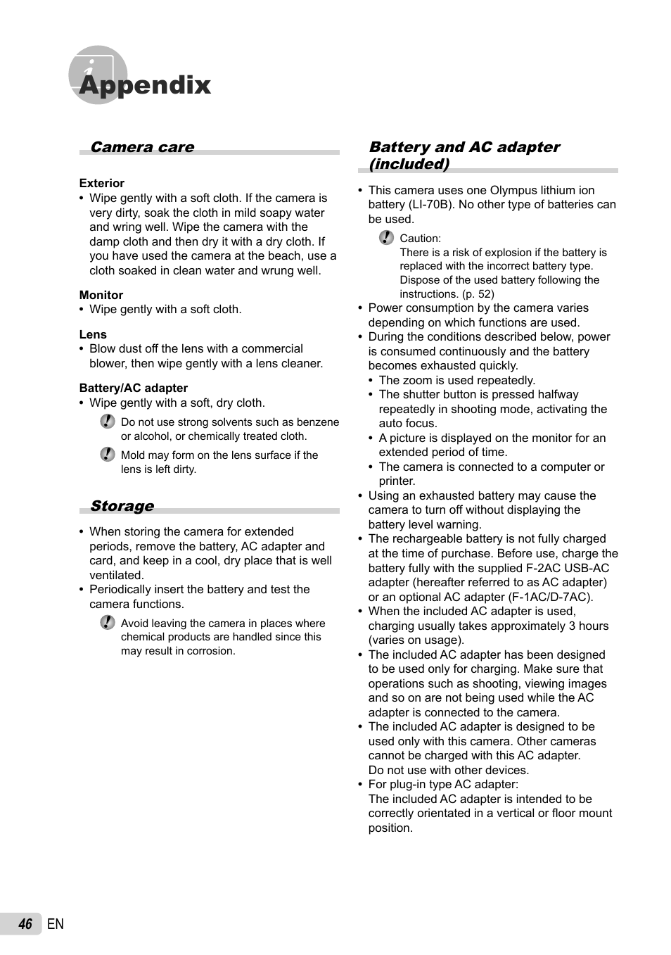 Appendix, 46 en, Battery and ac adapter (included) | Camera care, Storage | Olympus X-940 User Manual | Page 46 / 61
