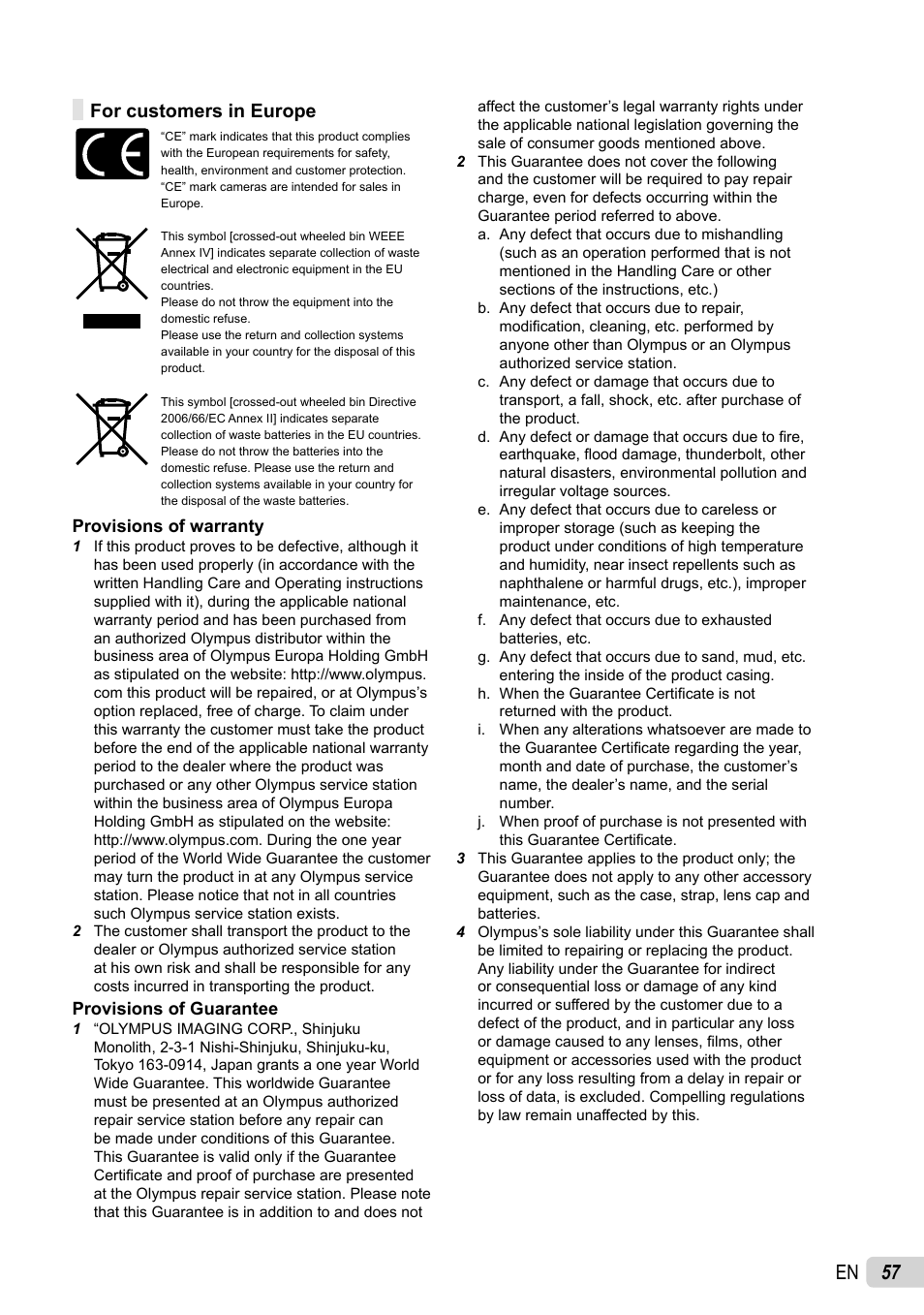 57 en, For customers in europe | Olympus X-940 User Manual | Page 57 / 61