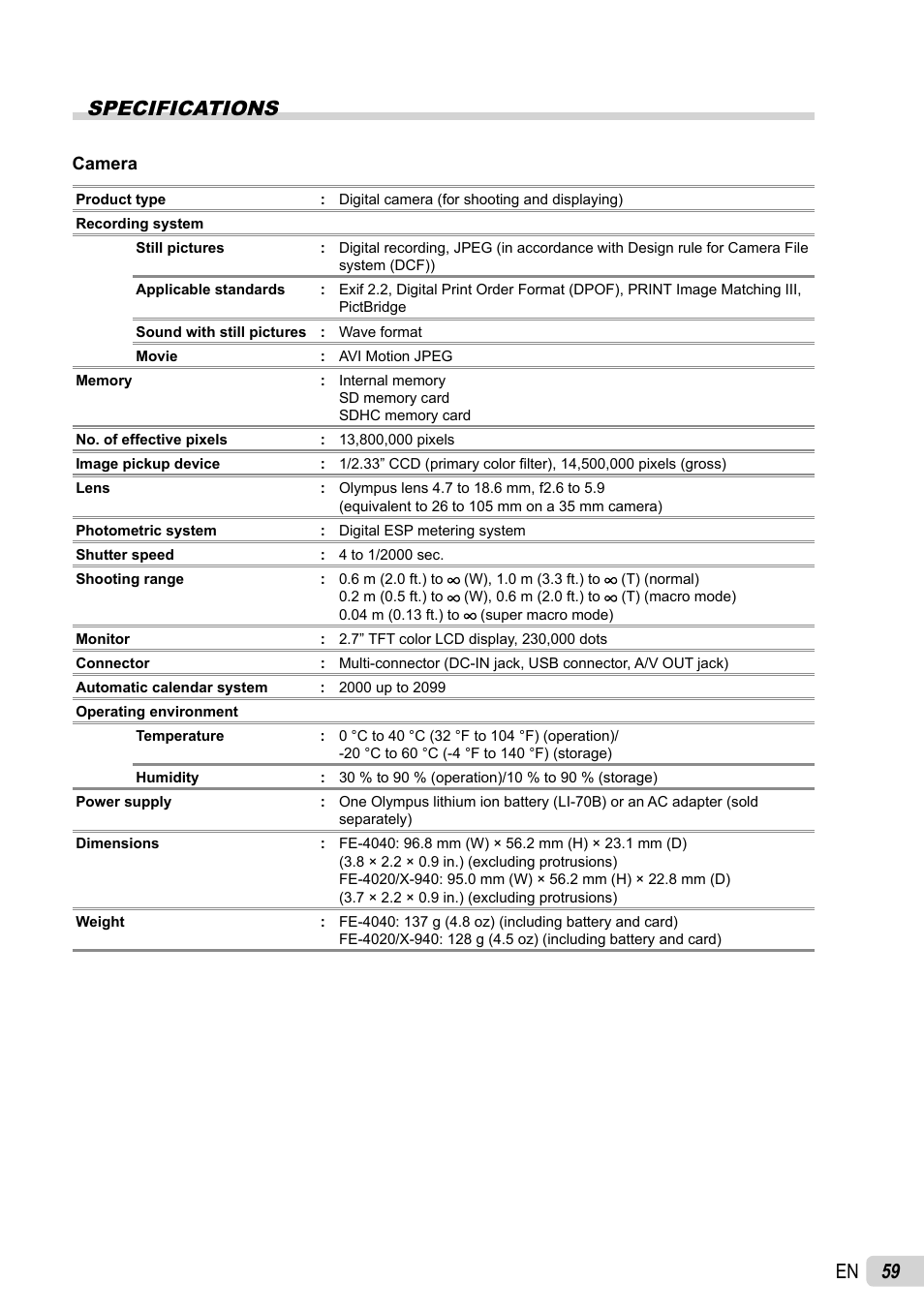 59 en specifications | Olympus X-940 User Manual | Page 59 / 61