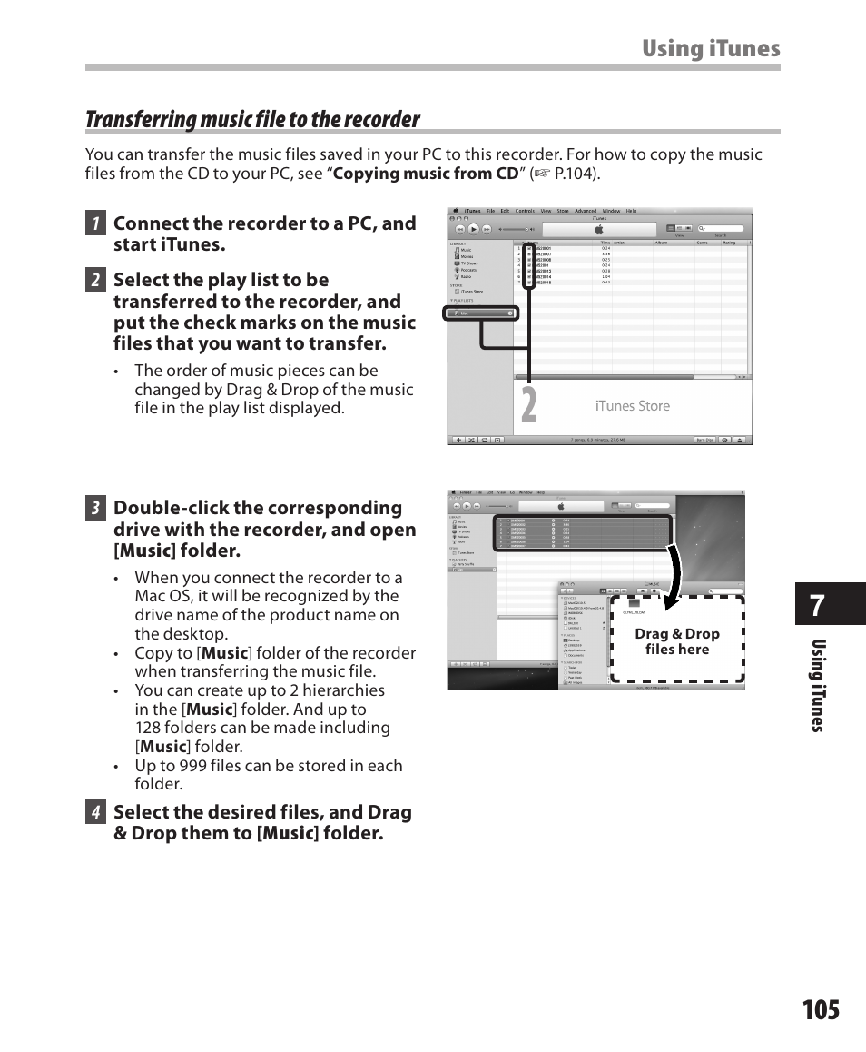 Transferring music file to the recorder, Using itunes | Olympus DM-420 User Manual | Page 105 / 128