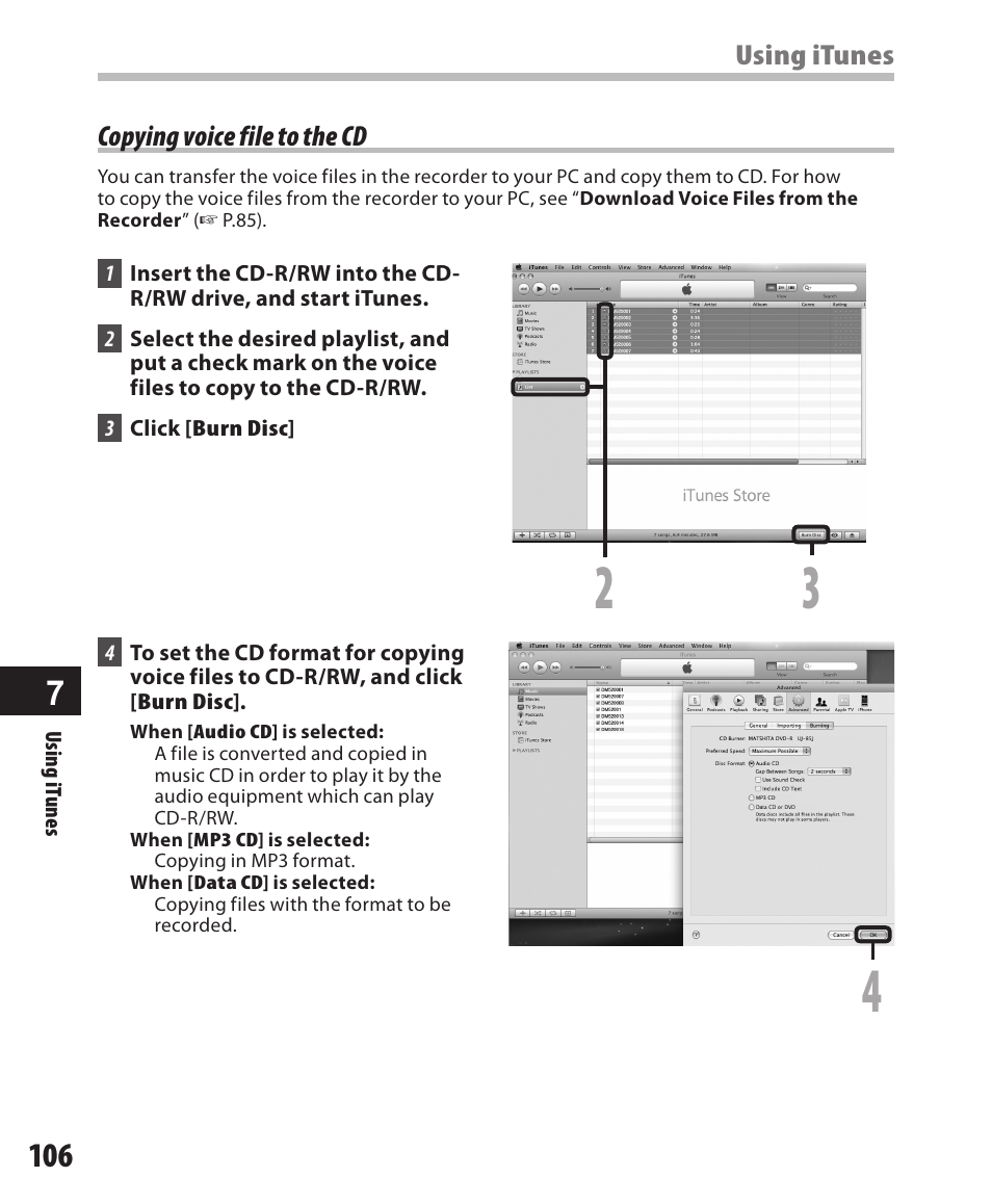 Copying voice file to the cd | Olympus DM-420 User Manual | Page 106 / 128