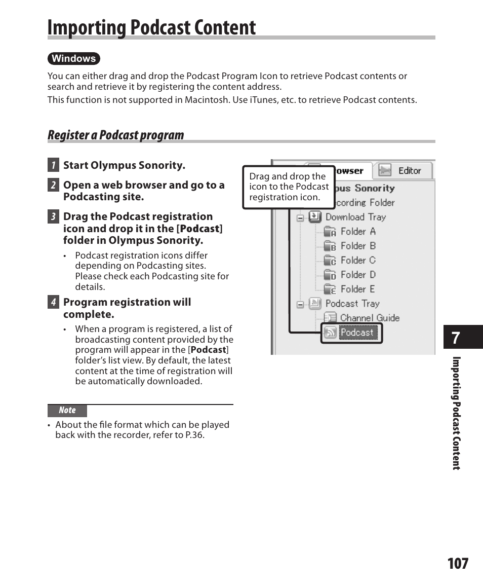 Importing podcast content, Register a podcast program | Olympus DM-420 User Manual | Page 107 / 128