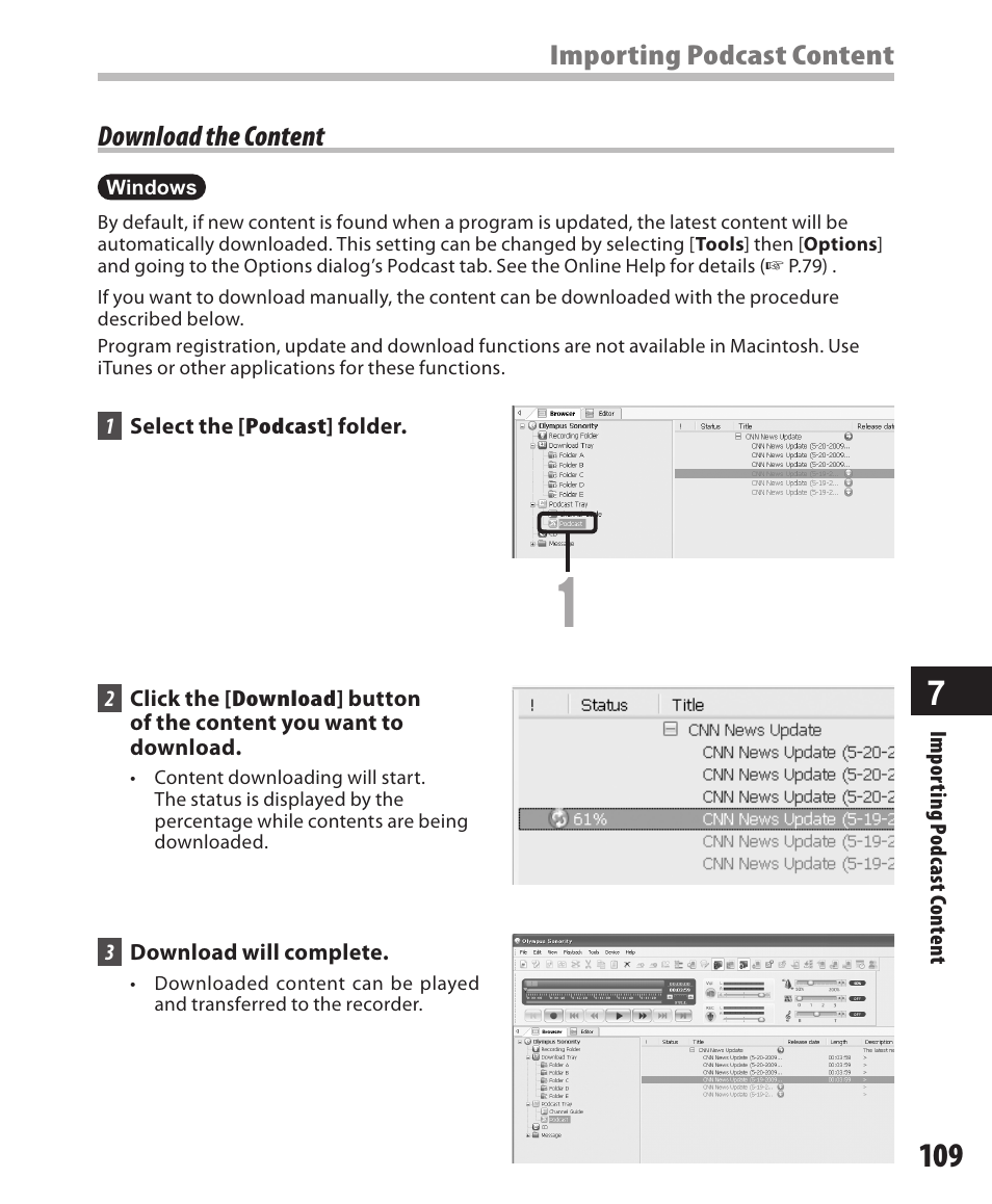 Download the content, Importing podcast content | Olympus DM-420 User Manual | Page 109 / 128
