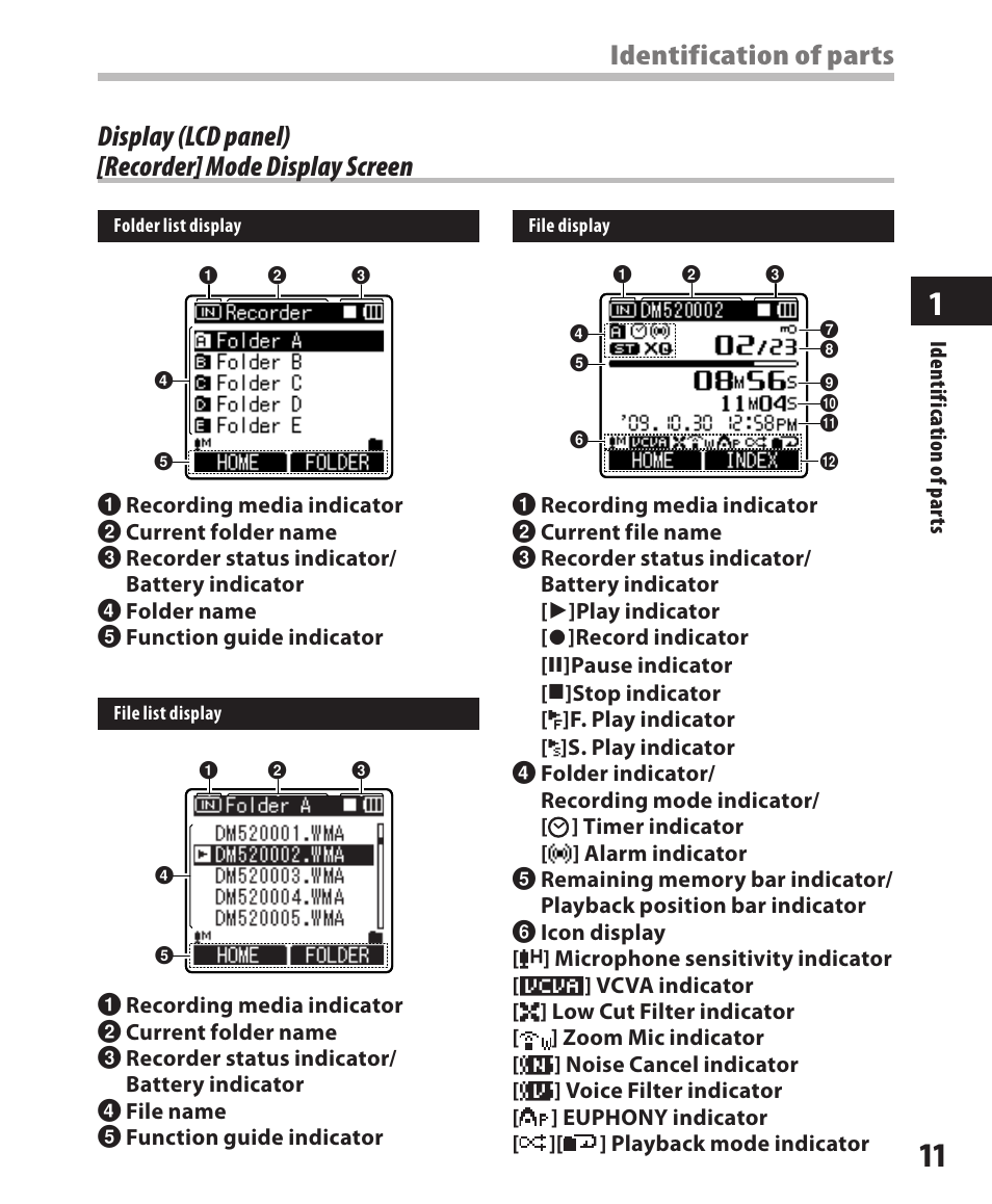 Display (lcd panel), Recorder] mode display screen, Display (lcd panel) [recorder] mode display screen | Identification of parts | Olympus DM-420 User Manual | Page 11 / 128
