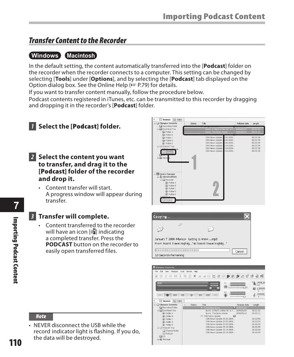 Transfer content to the recorder, Importing podcast content | Olympus DM-420 User Manual | Page 110 / 128