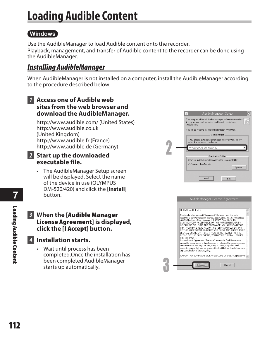 Loading audible content, Installing audiblemanager | Olympus DM-420 User Manual | Page 112 / 128