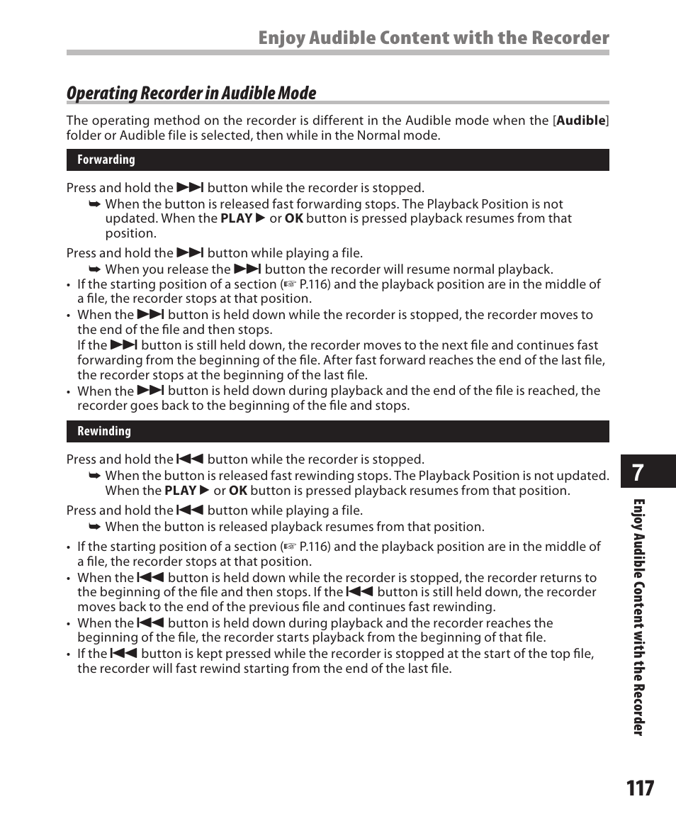 Operating recorder in audible mode, Enjoy audible content with the recorder | Olympus DM-420 User Manual | Page 117 / 128