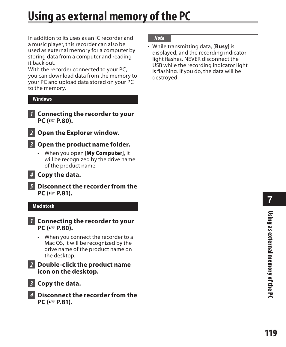 Using as external memory of the pc | Olympus DM-420 User Manual | Page 119 / 128