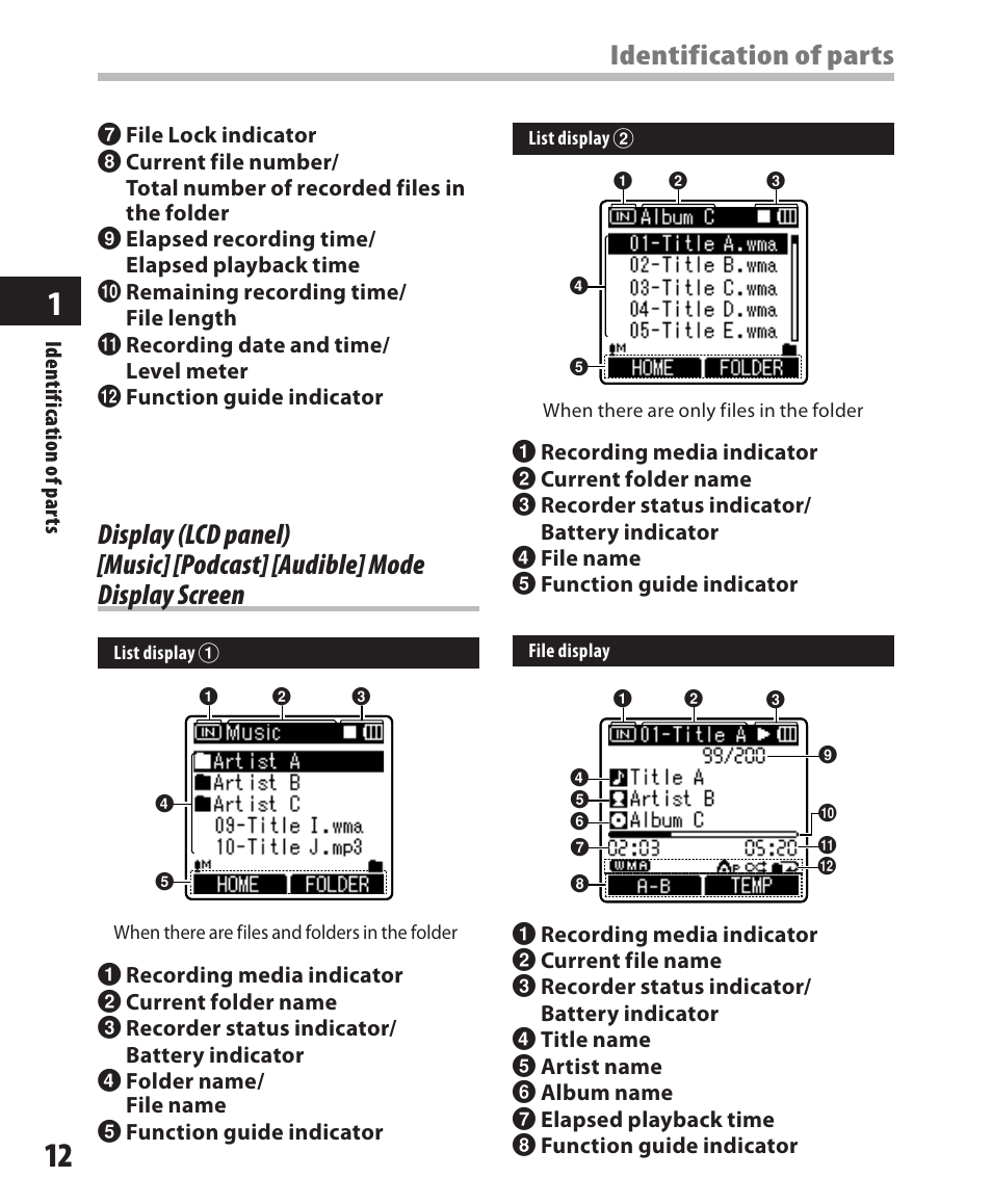 Display (lcd panel) [music] [podcast, Audible] mode display screen, Identification of parts | Olympus DM-420 User Manual | Page 12 / 128