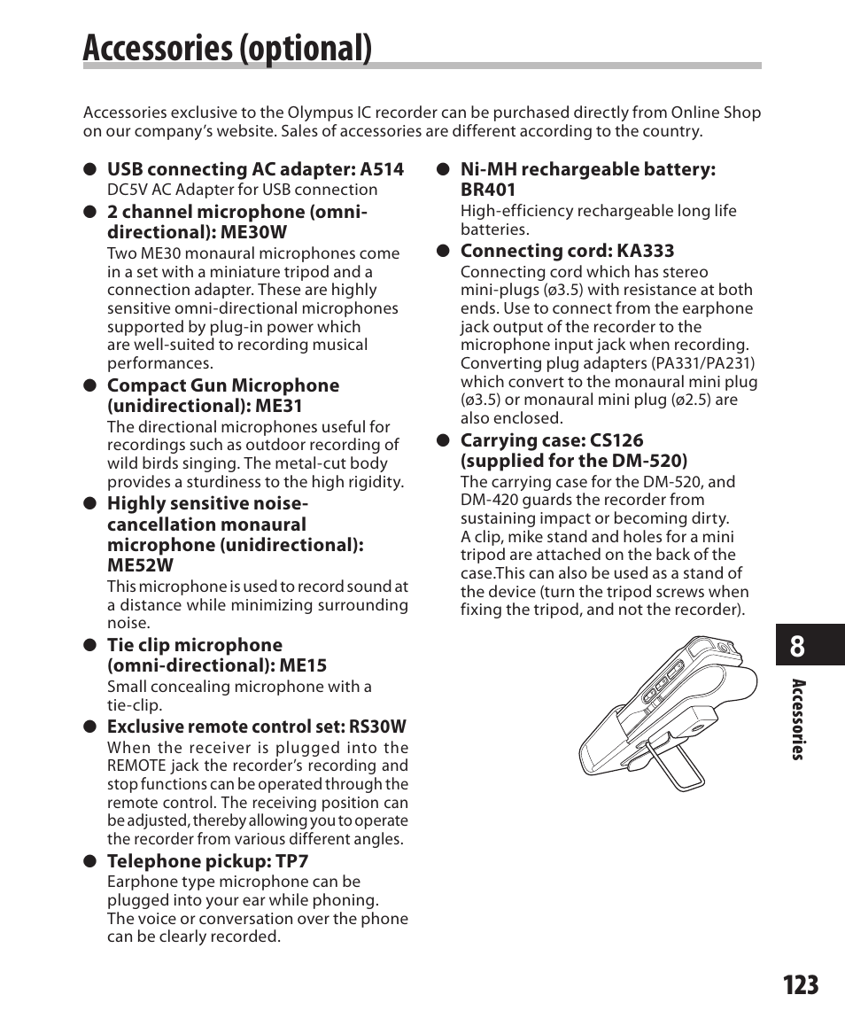 Accessories (optional) | Olympus DM-420 User Manual | Page 123 / 128