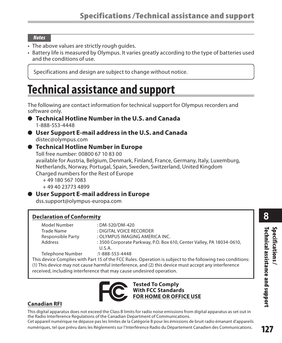 Technical assistance and support, Specifications /technical assistance and support | Olympus DM-420 User Manual | Page 127 / 128