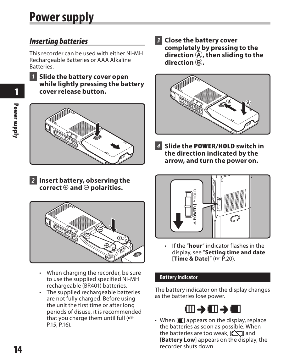 Power supply, Inserting batteries | Olympus DM-420 User Manual | Page 14 / 128