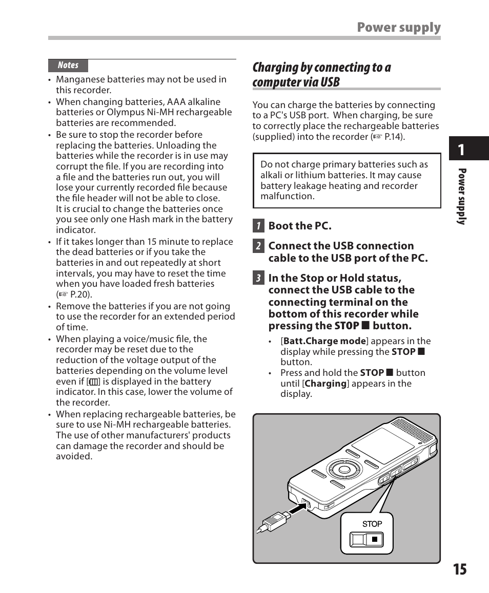 Charging by connecting to a computer, Via usb | Olympus DM-420 User Manual | Page 15 / 128