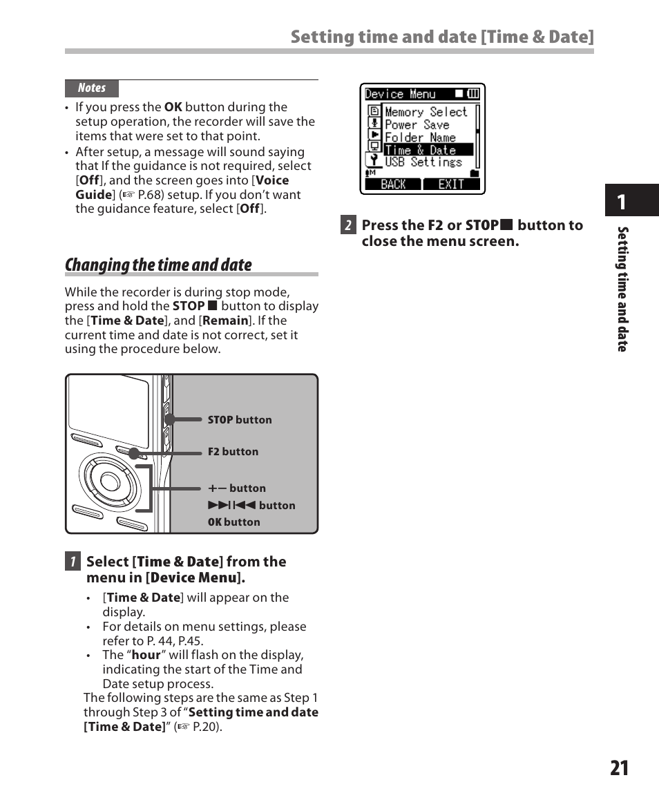 Changing the time and date, Setting time and date [time & date | Olympus DM-420 User Manual | Page 21 / 128