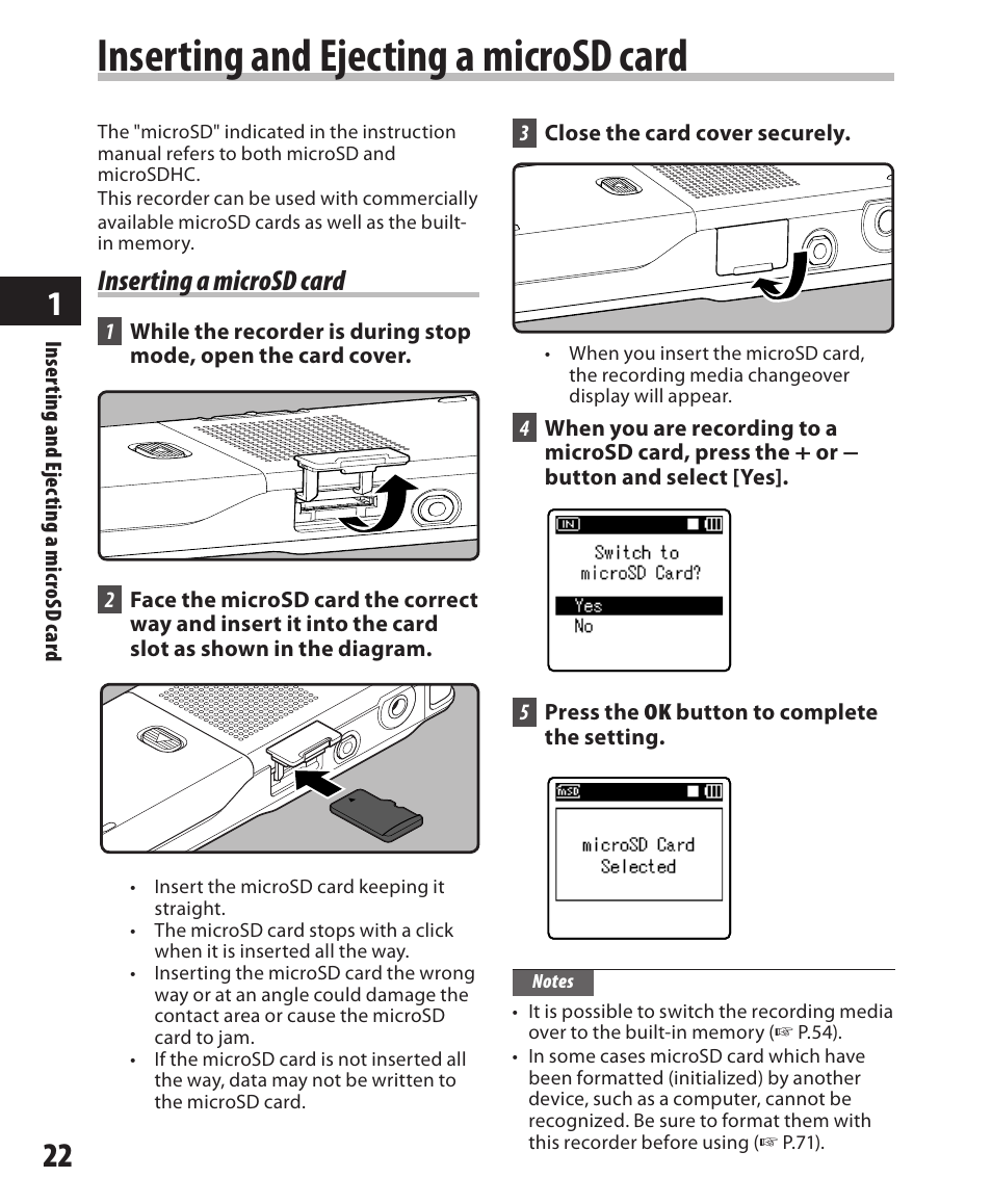 Inserting and ejecting a microsd card, Inserting a microsd card | Olympus DM-420 User Manual | Page 22 / 128