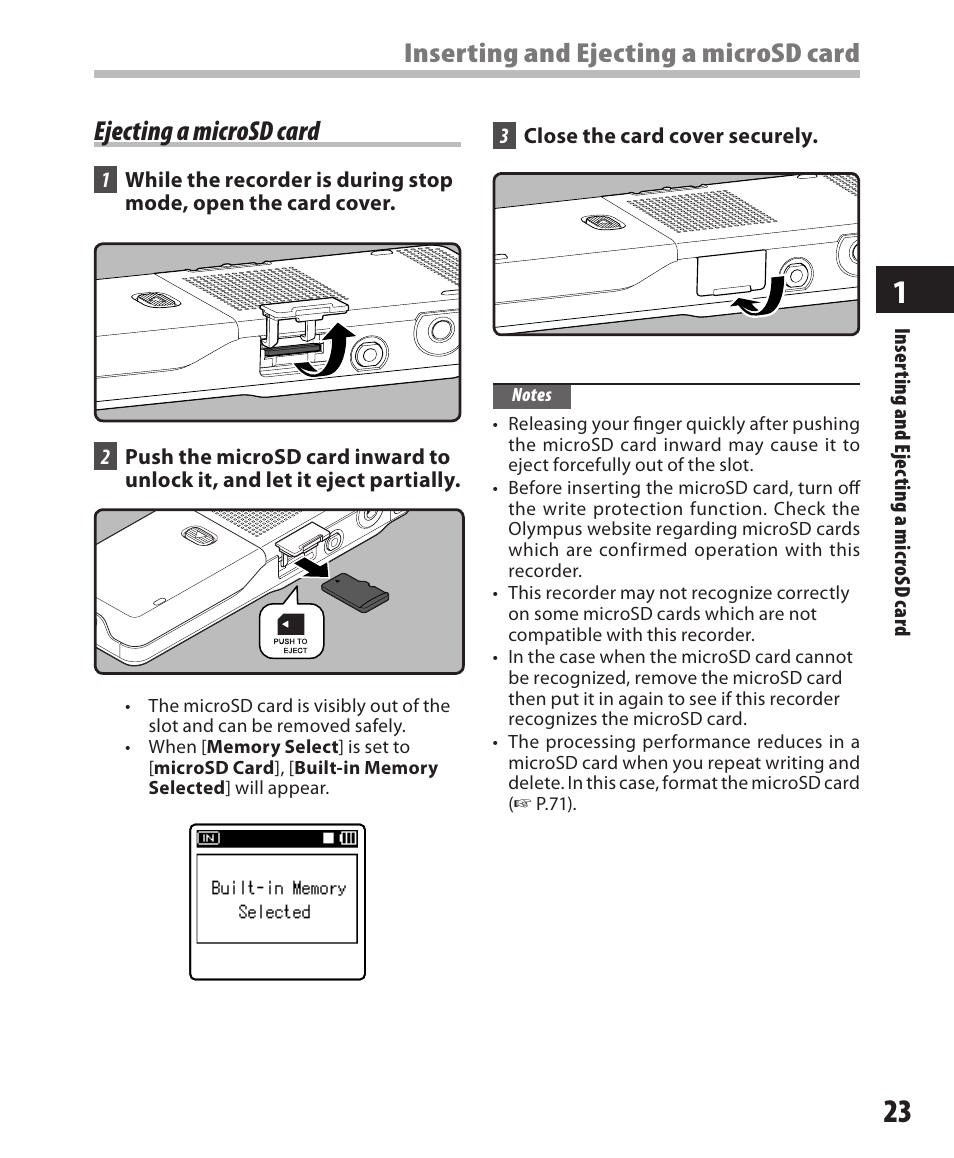 Ejecting a microsd card, Inserting and ejecting a microsd card | Olympus DM-420 User Manual | Page 23 / 128