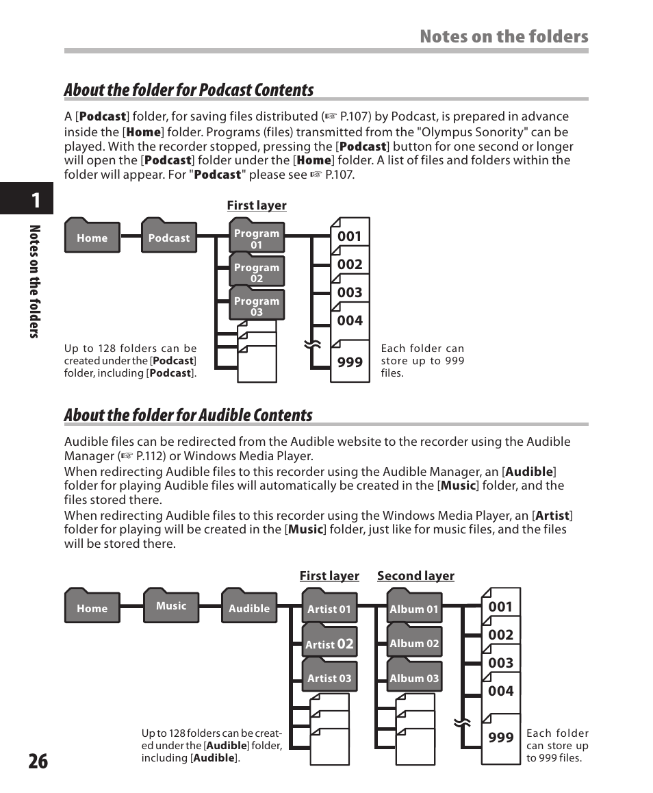 About the folder for audible contents | Olympus DM-420 User Manual | Page 26 / 128