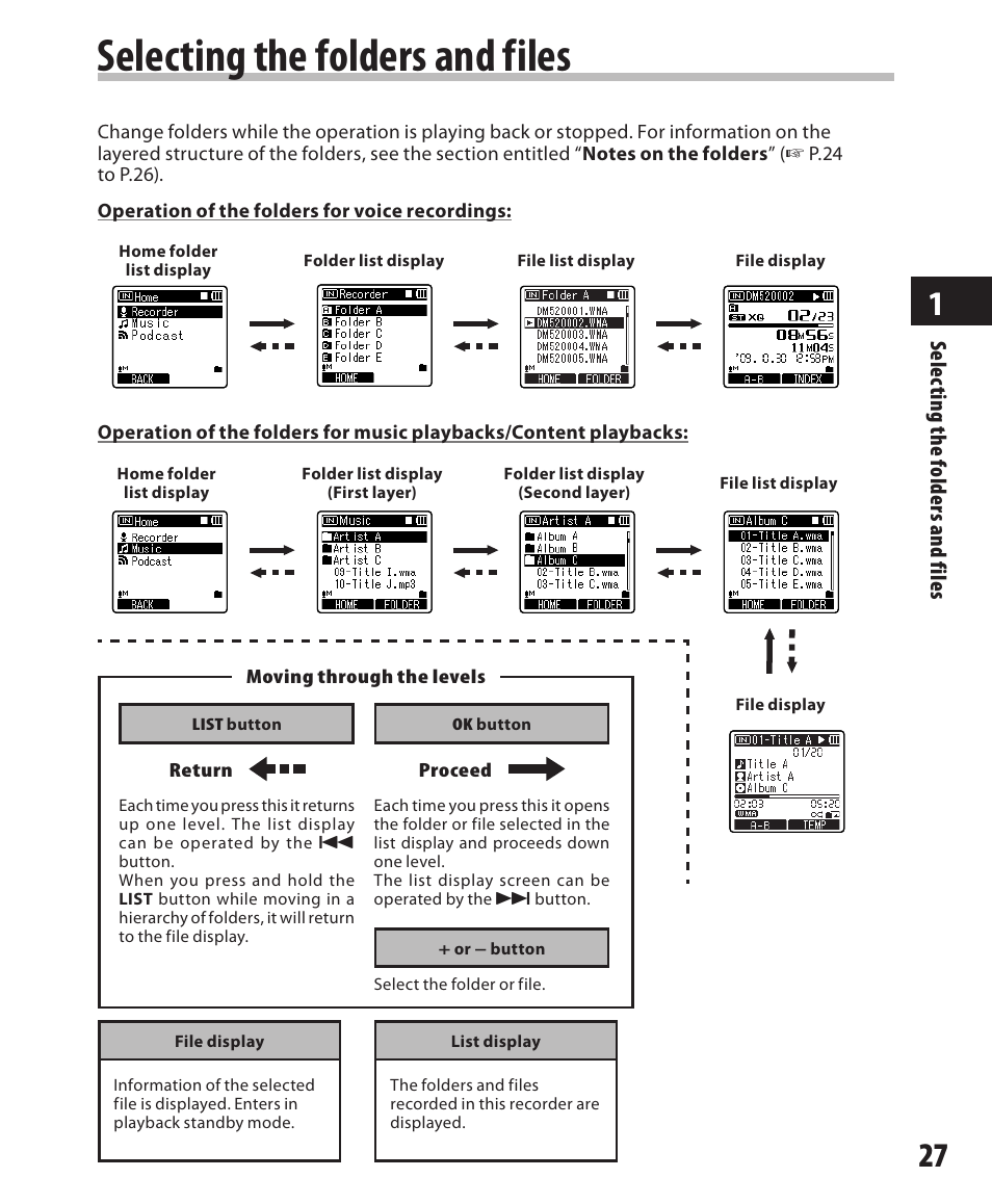 Selecting the folders and files, Se le cti ng t he f old er s a nd f ile s | Olympus DM-420 User Manual | Page 27 / 128