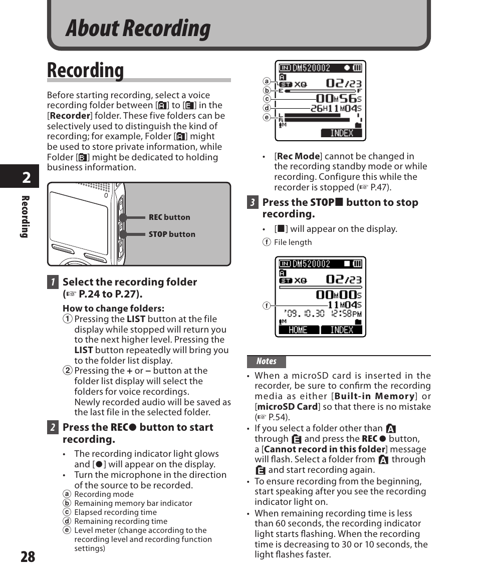 About recording, Recording | Olympus DM-420 User Manual | Page 28 / 128