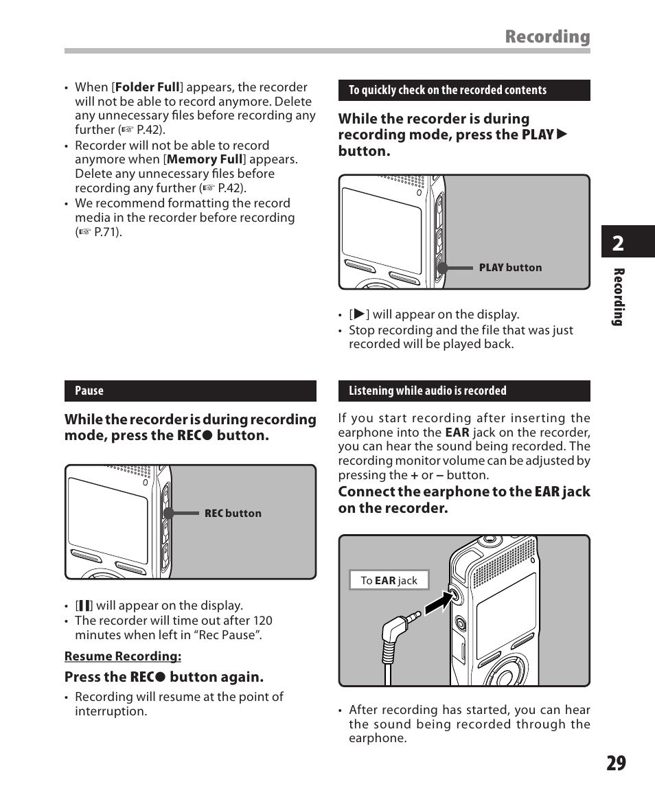 Recording | Olympus DM-420 User Manual | Page 29 / 128