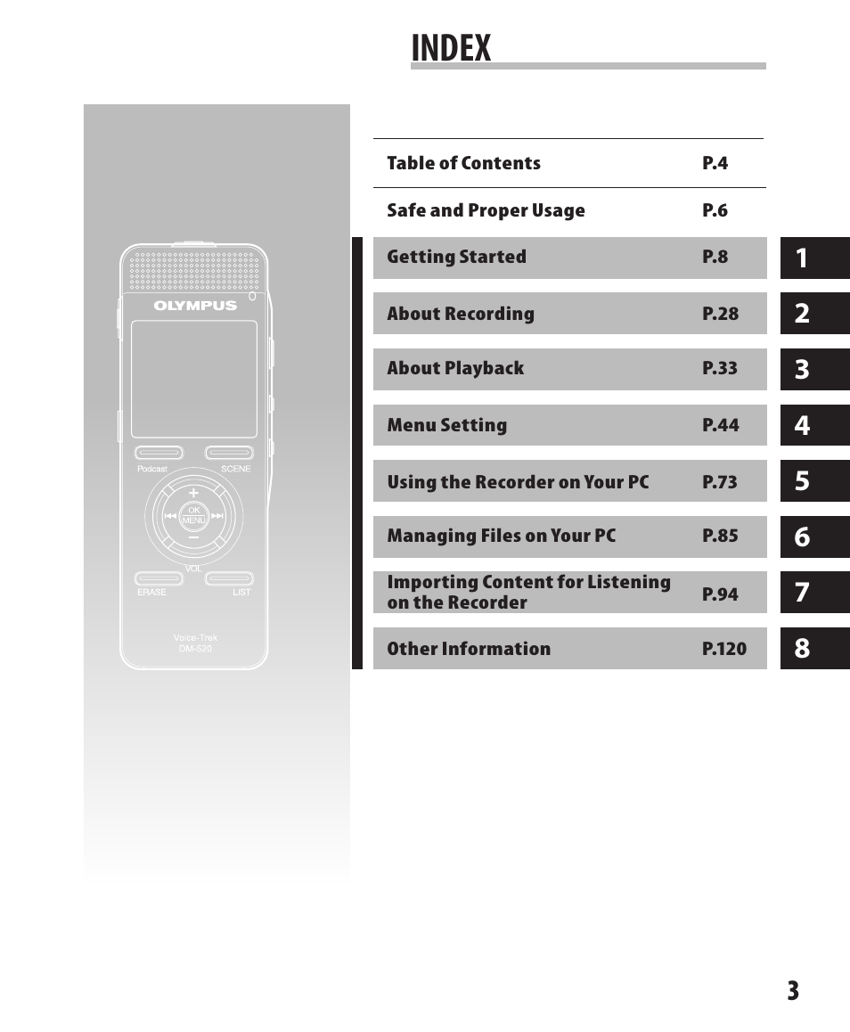 Index | Olympus DM-420 User Manual | Page 3 / 128