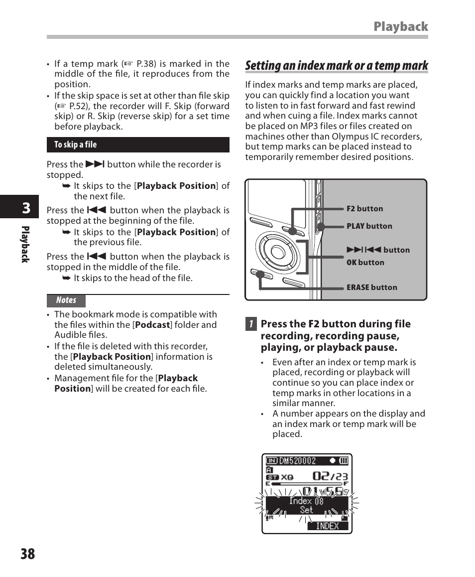 Setting an index mark or a temp mark, Playback | Olympus DM-420 User Manual | Page 38 / 128