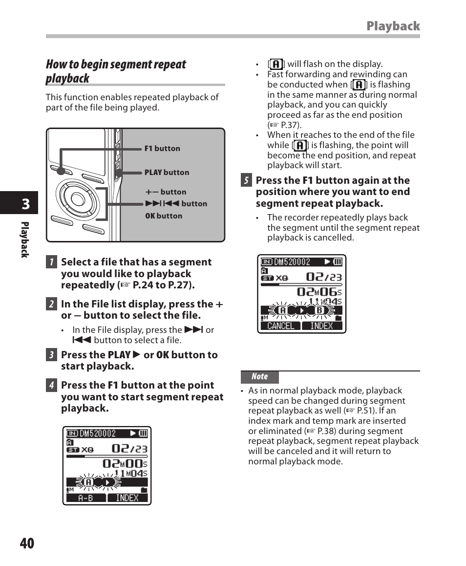 How to begin segment repeat playback, Playback | Olympus DM-420 User Manual | Page 40 / 128