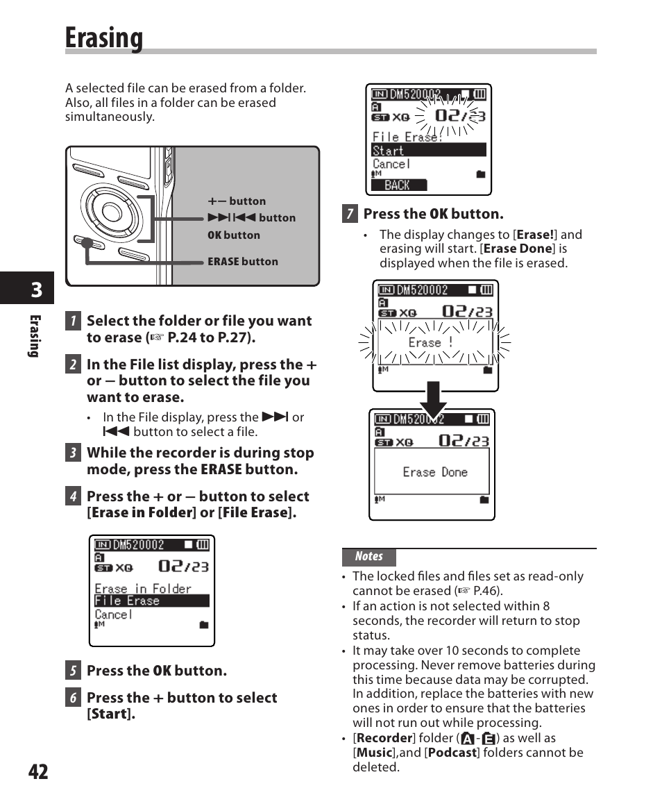 Erasing | Olympus DM-420 User Manual | Page 42 / 128