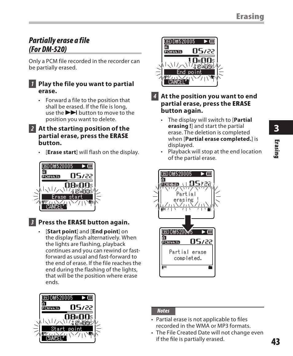 Partially erase a file (for dm-520), Erasing | Olympus DM-420 User Manual | Page 43 / 128