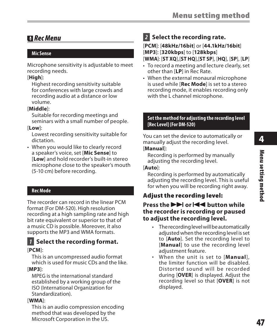 Rec menu, Menu setting method , rec menu | Olympus DM-420 User Manual | Page 47 / 128