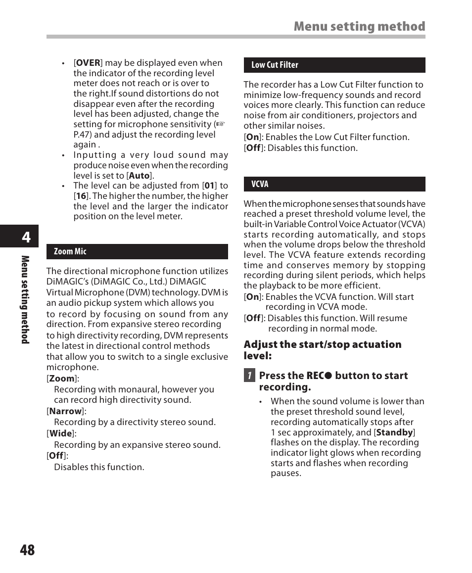 Menu setting method | Olympus DM-420 User Manual | Page 48 / 128