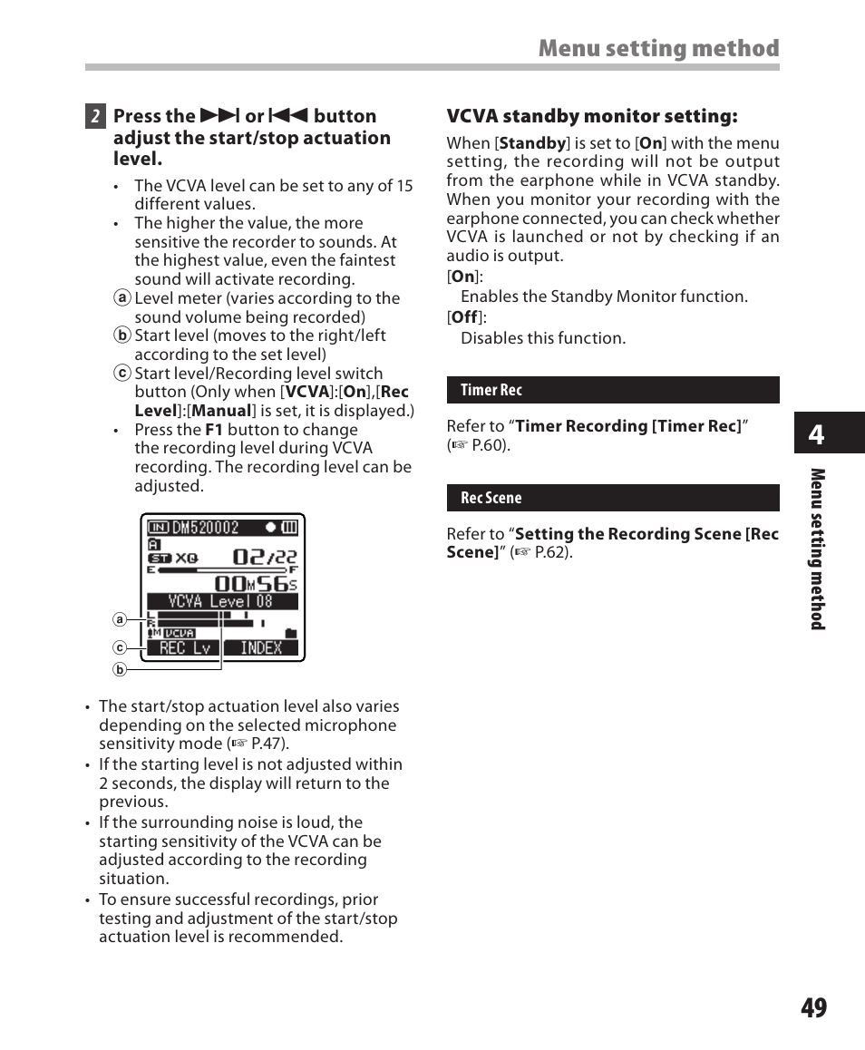 Menu setting method | Olympus DM-420 User Manual | Page 49 / 128