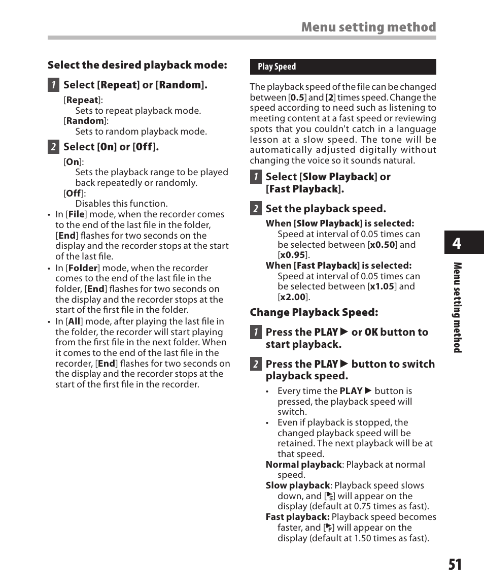 Menu setting method | Olympus DM-420 User Manual | Page 51 / 128